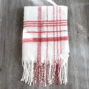 NWT Free People Red & Ivory Brushed Plaid Fringe Blanket Scarf